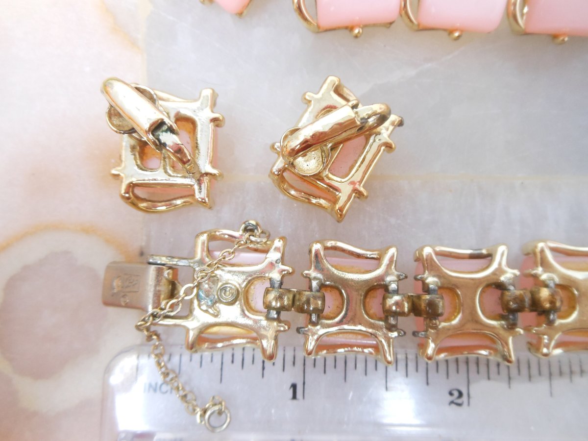Vintage CORO Pink Moonglow Necklace Bracelet Earrings Set Thermoset Link Plastic Retro Designer Parure Jewelry Mid Century, VivianJoel.com
