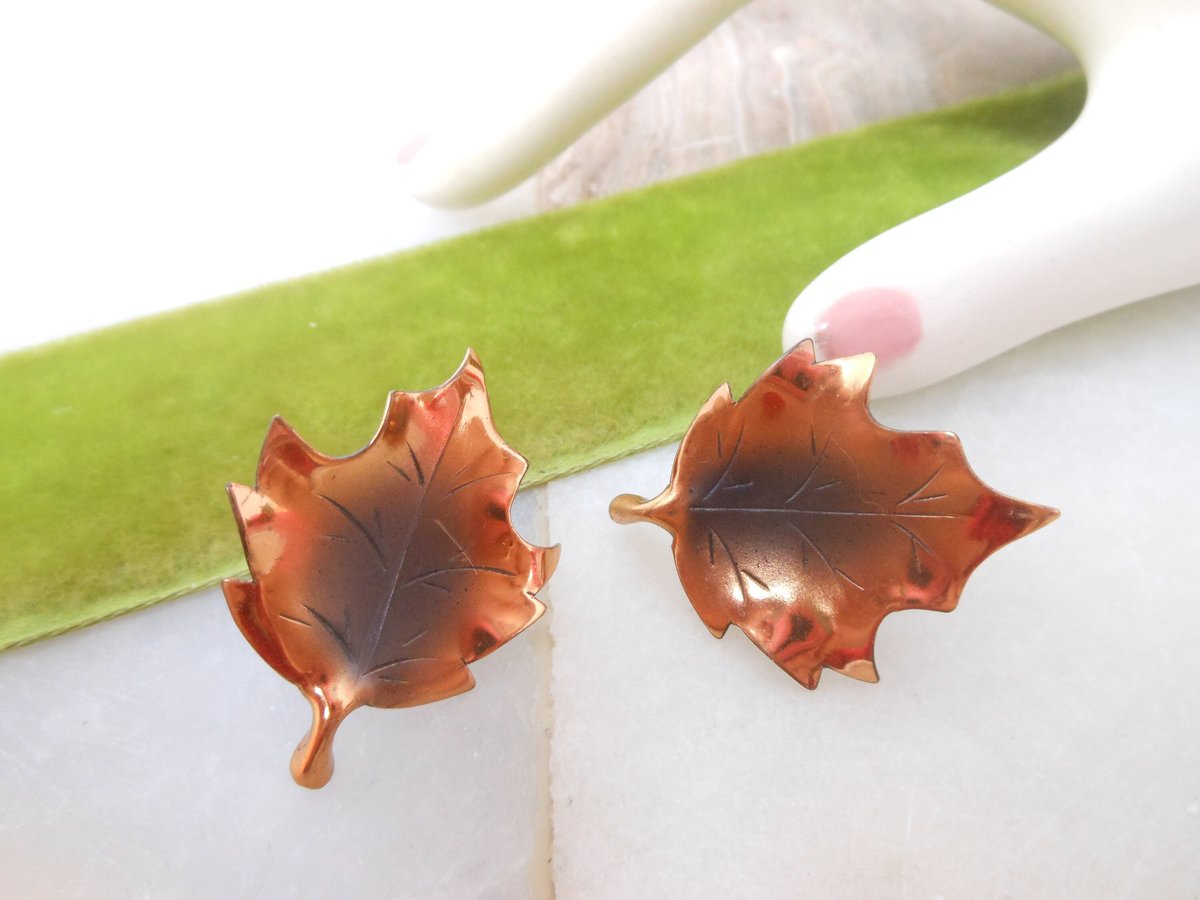 Vintage STERLING SILVER Copper Earrings Screw Back Delicate Leaf Figural 925 NYE Designer Mid Century Jewelry Gift, VivianJoel.com