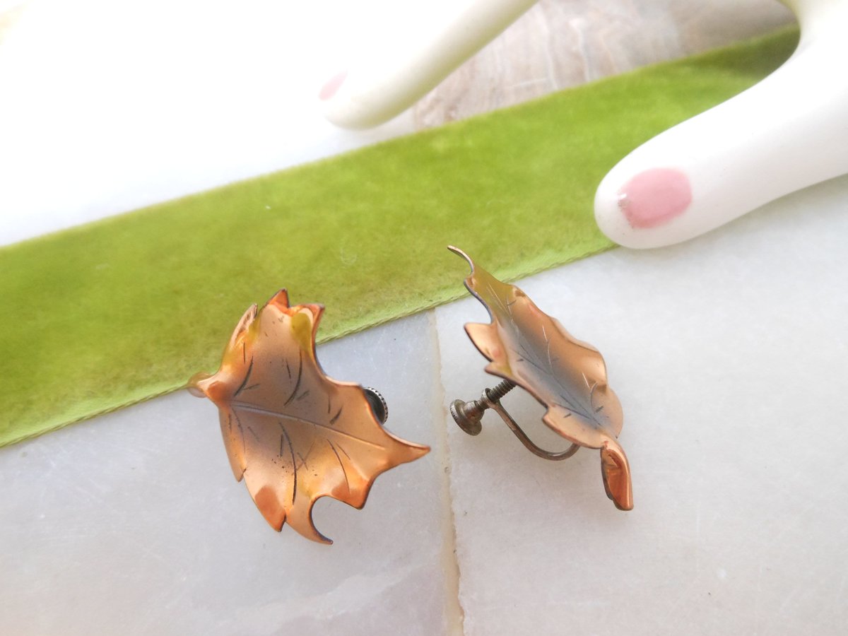 Vintage STERLING SILVER Copper Earrings Screw Back Delicate Leaf Figural 925 NYE Designer Mid Century Jewelry Gift, VivianJoel.com