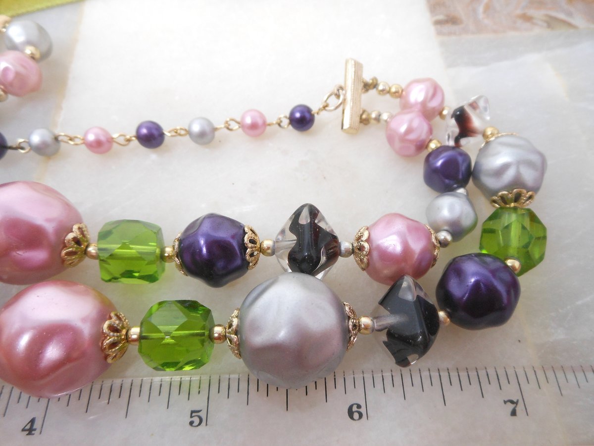 Vintage Pink Purple Art Glass Crystal Necklace Bead Multi Two Strand Choker Bib Chunky Pearl Jewelry Gift Mid Century, VivianJoel.com