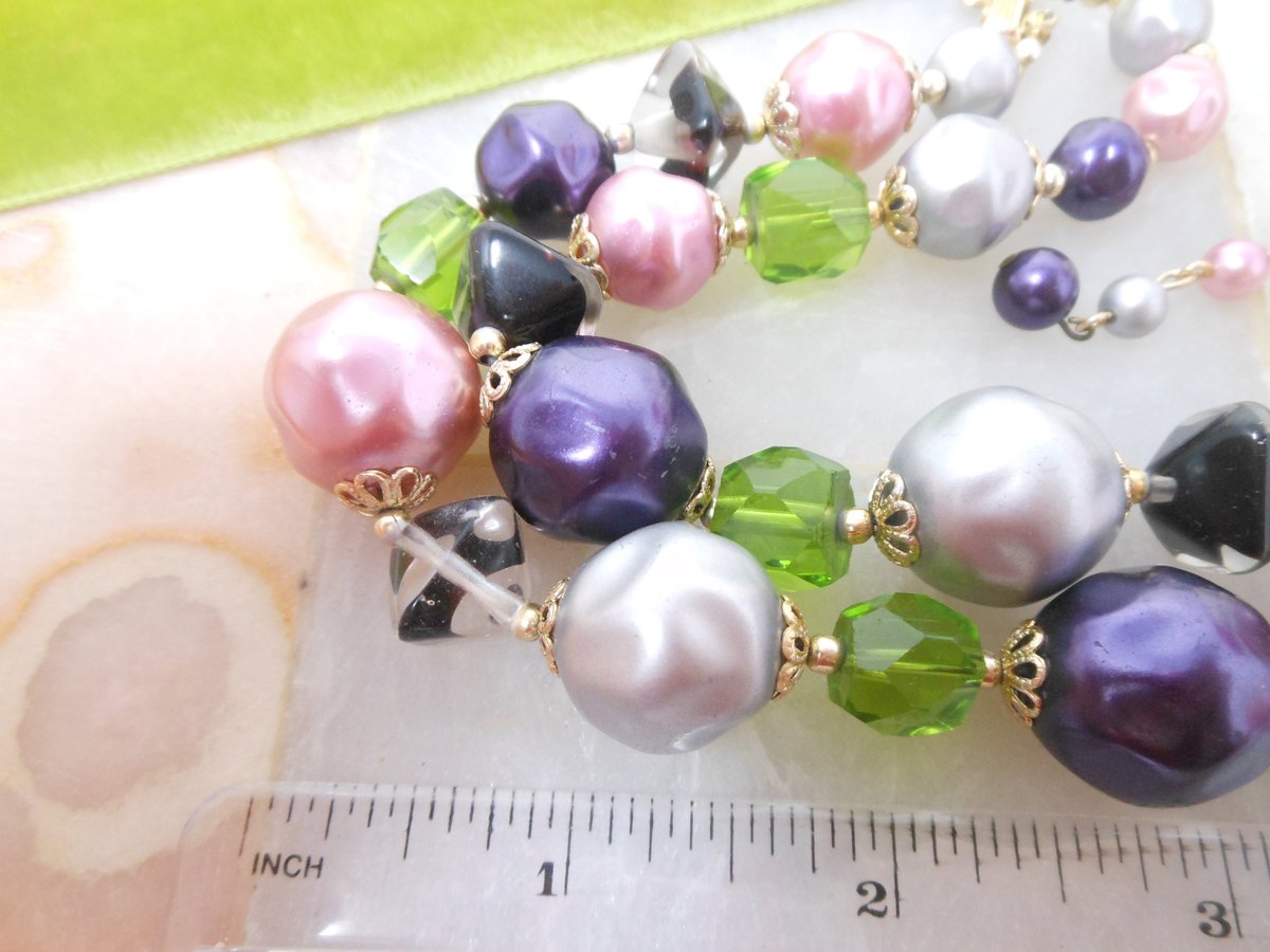 Vintage Pink Purple Art Glass Crystal Necklace Bead Multi Two Strand Choker Bib Chunky Pearl Jewelry Gift Mid Century, VivianJoel.com