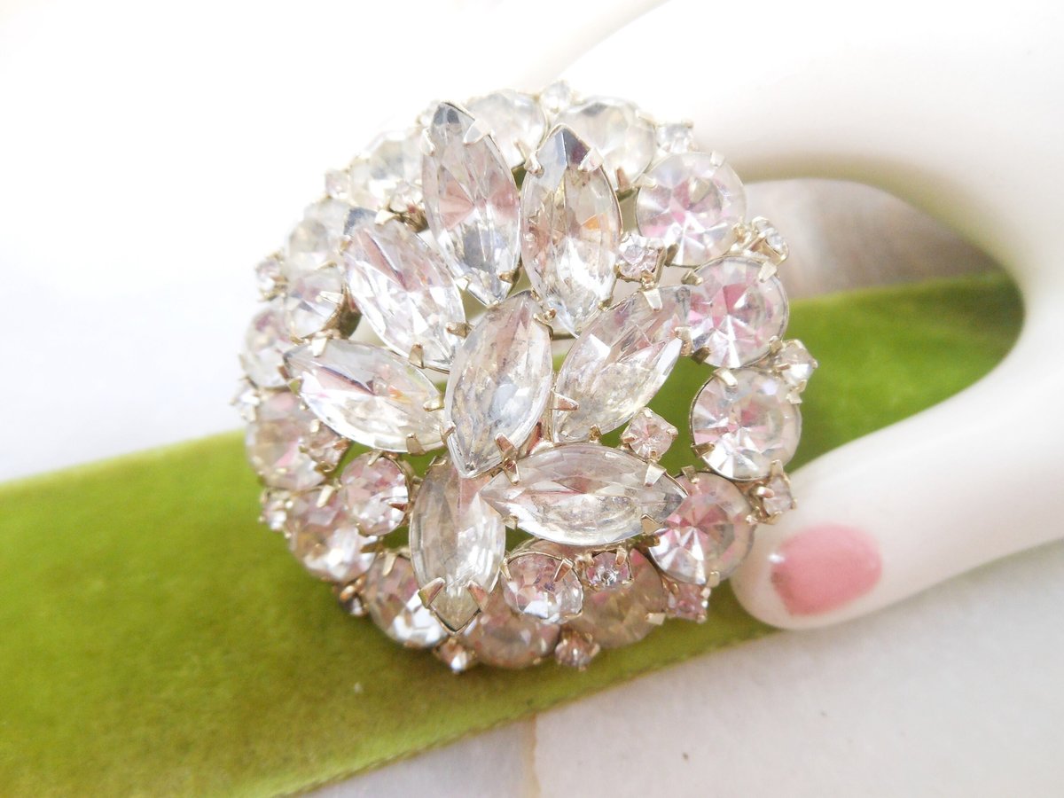 Vintage Snowflake Pin Brooch Layered Rhinestone Flower Clear Crystal JULIANA Mid Century Jewelry Gift, VivianJoel.com