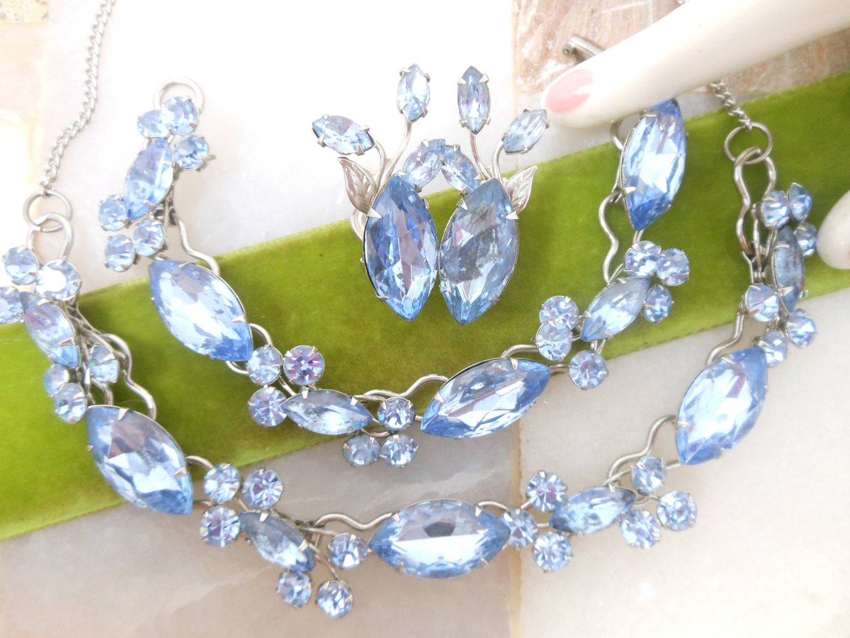 Vintage Blue Rhinestone Necklace Bracelet Earrings Set Crystal Pin Up Retro Glam Mid Century Jewelry Gift, VivianJoel.com