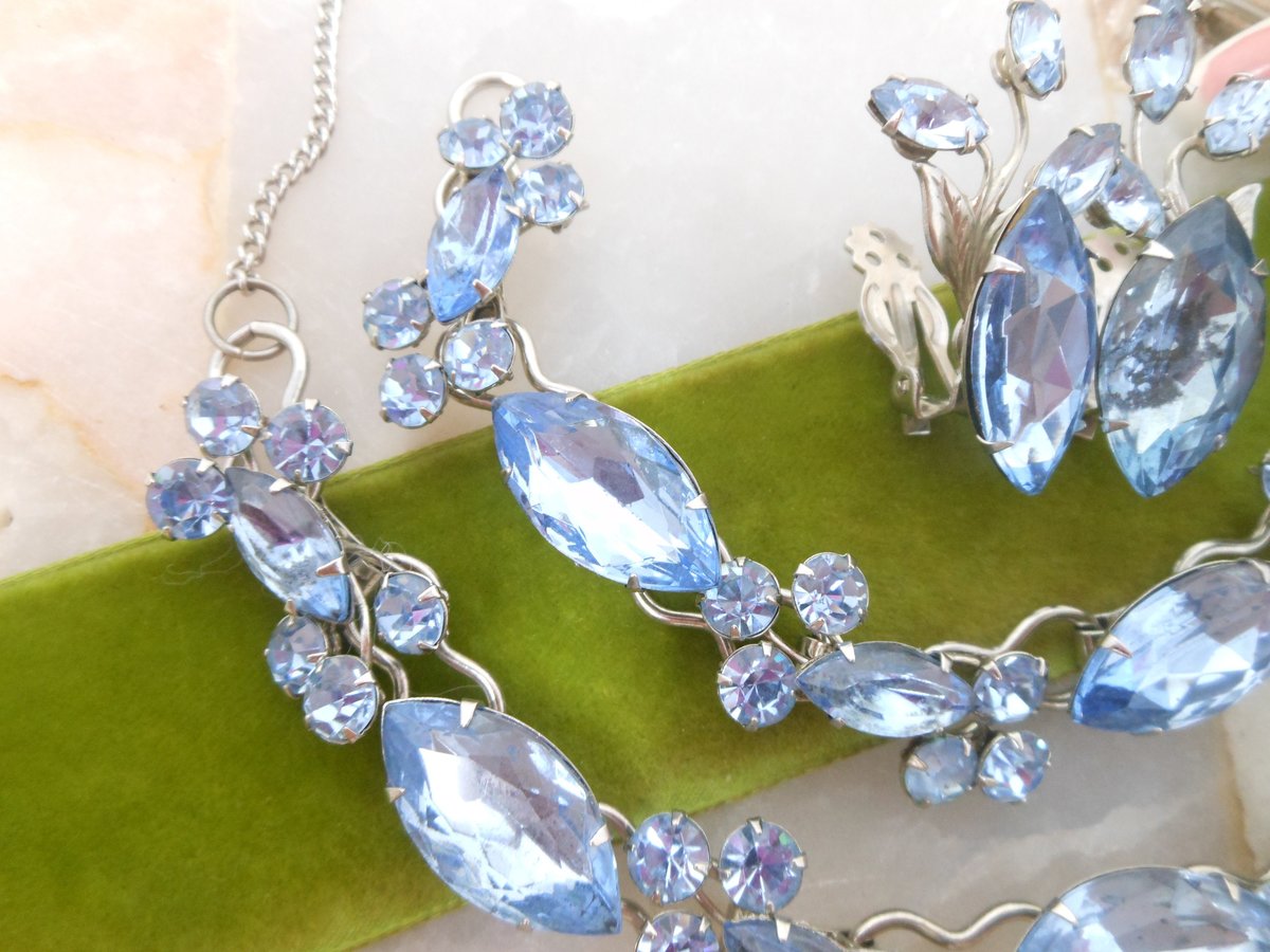 Vintage Blue Rhinestone Necklace Bracelet Earrings Set Crystal Pin Up Retro Glam Mid Century Jewelry Gift, VivianJoel.com