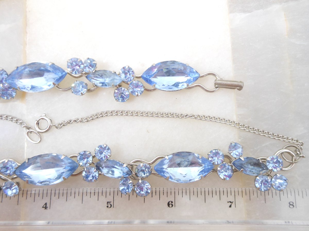 Vintage Blue Rhinestone Necklace Bracelet Earrings Set Crystal Pin Up Retro Glam Mid Century Jewelry Gift, VivianJoel.com