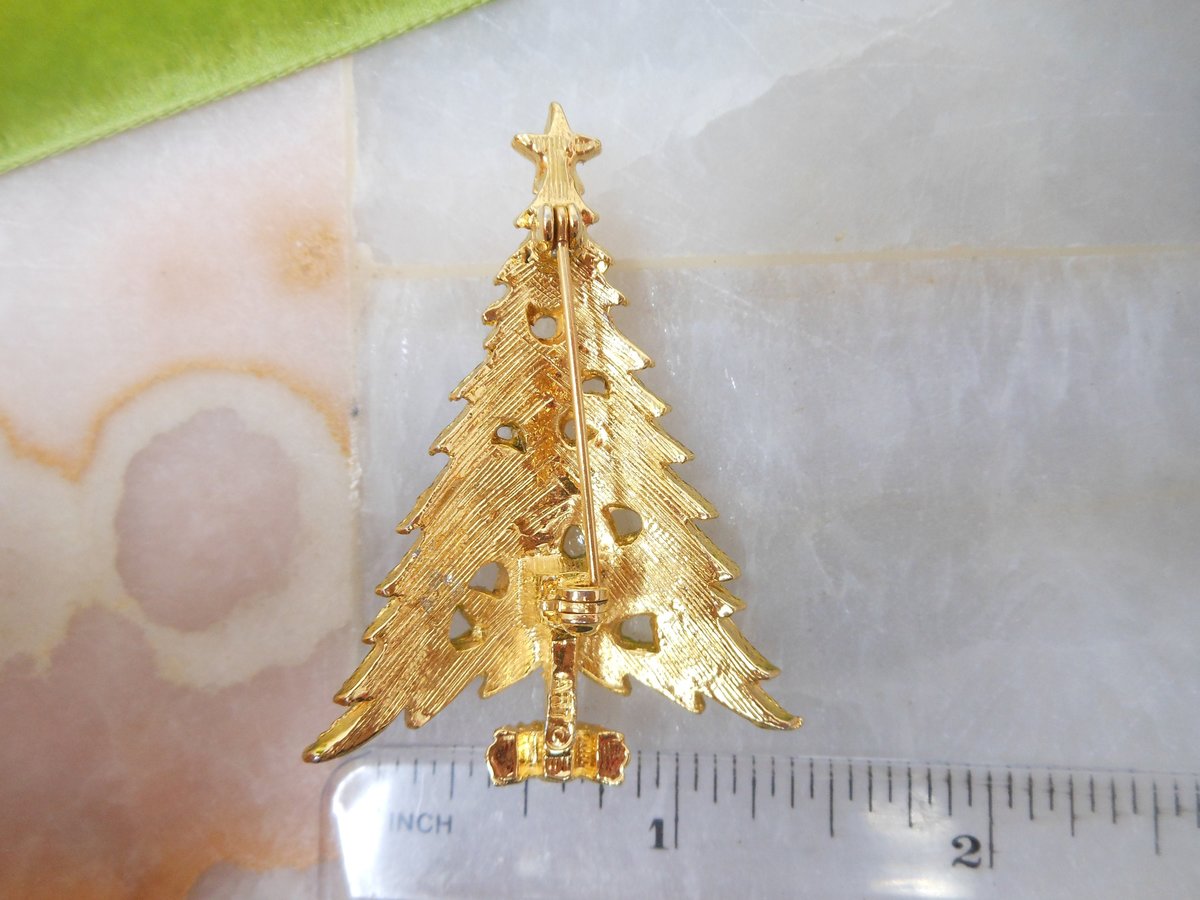 Vintage ART Enamel Christmas Tree Pin Brooch Designer Signed ARTHUR PEPPER Rhinestone Jewelry Mod Mid Century Gift, VivianJoel.com