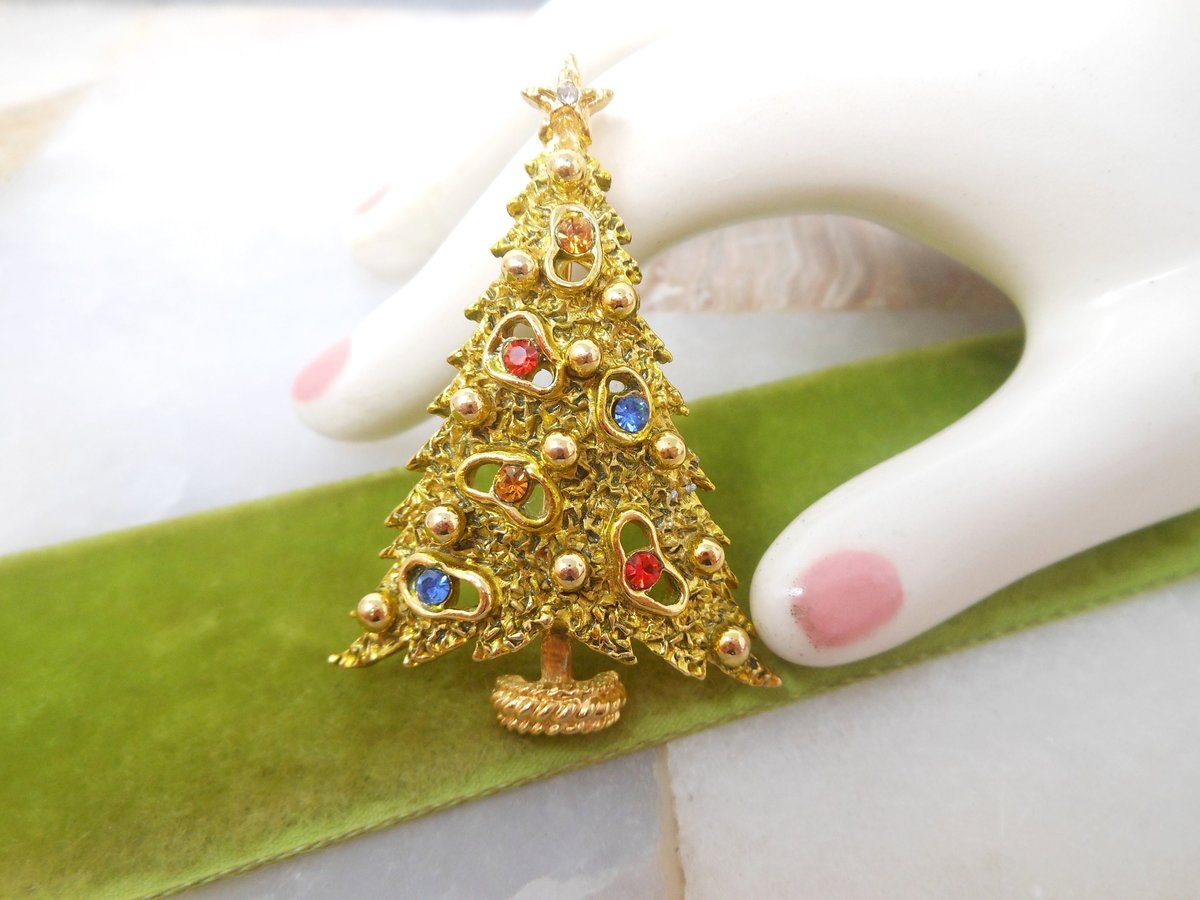 Vintage ART Enamel Christmas Tree Pin Brooch Designer Signed ARTHUR PEPPER Rhinestone Jewelry Mod Mid Century Gift, VivianJoel.com