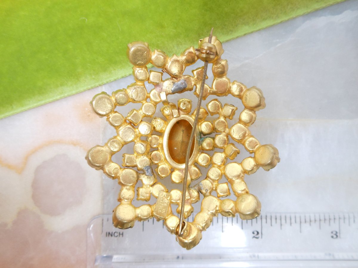 Vintage AUSTRIA Domed Brooch Flower Pin Topaz Crystal Rhinestone Starburst Mid Century Jewelry Gift, VivianJoel.com