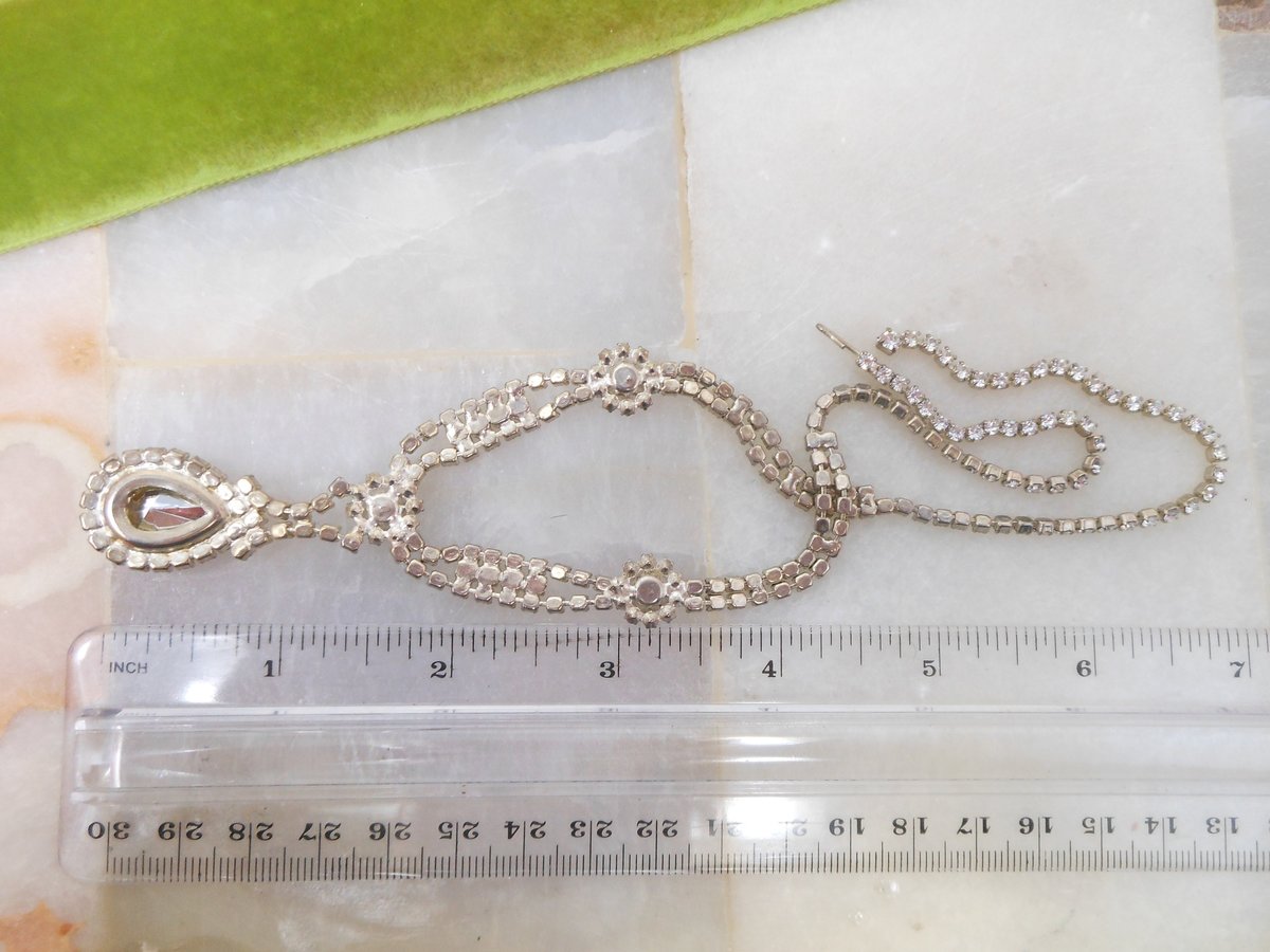 Vintage Blue Teardrop Pendant Necklace Rhinestone Crystal Glamour Victorian Revival Mid Century Jewelry Gift, VivianJoel.com