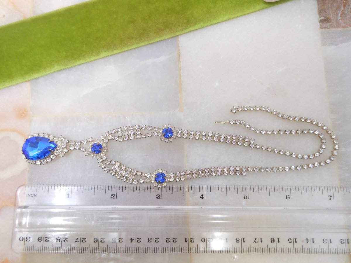 Vintage Blue Teardrop Pendant Necklace Rhinestone Crystal Glamour Victorian Revival Mid Century Jewelry Gift, VivianJoel.com