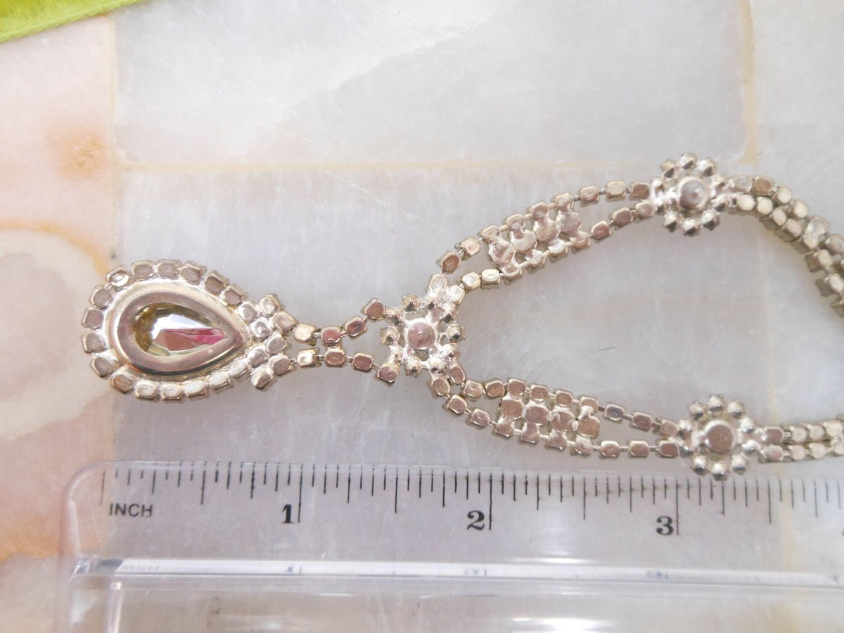 Vintage Blue Teardrop Pendant Necklace Rhinestone Crystal Glamour Victorian Revival Mid Century Jewelry Gift, VivianJoel.com