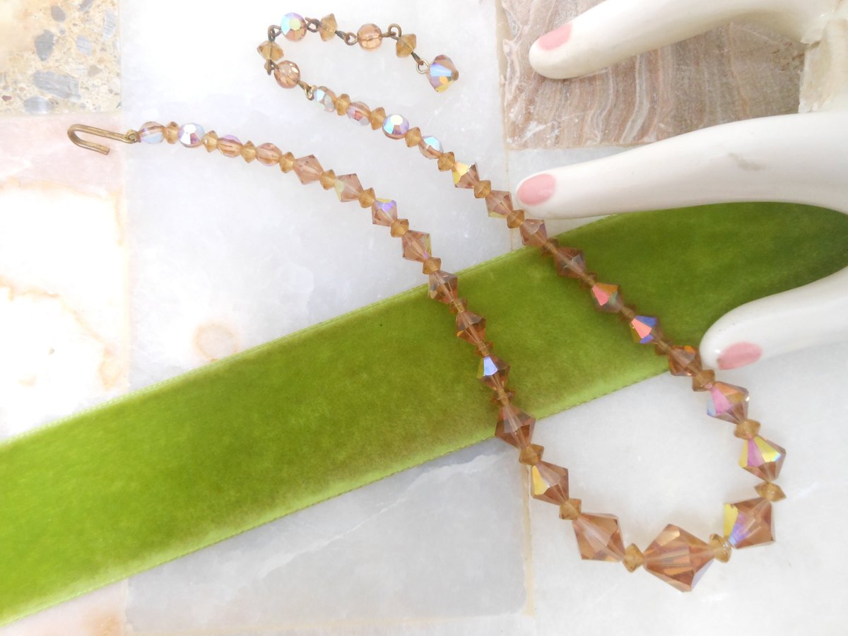Vintage Topaz Crystal Bead Necklace Choker Aurora Borealis Jewelry Gift Pin Up Mid Century, VivianJoel.com