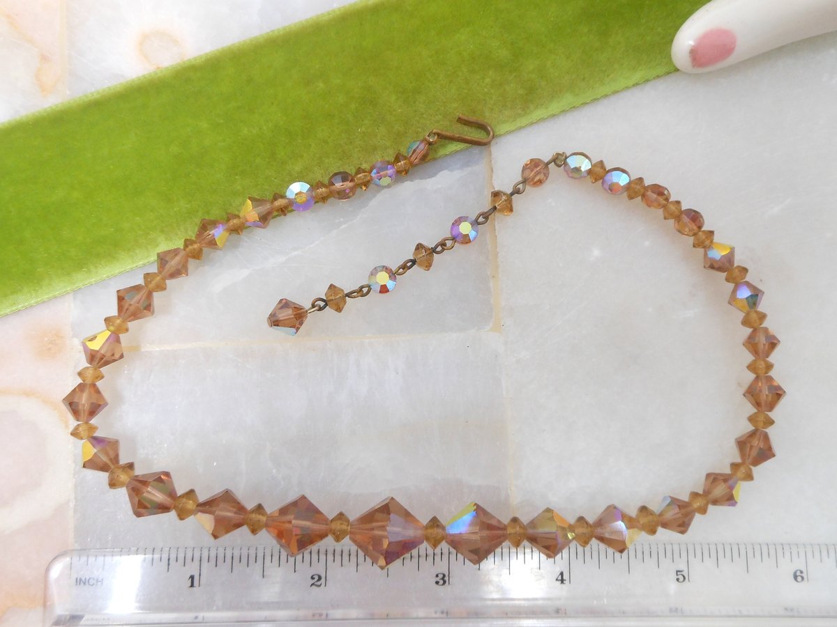 Vintage Topaz Crystal Bead Necklace Choker Aurora Borealis Jewelry Gift Pin Up Mid Century, VivianJoel.com
