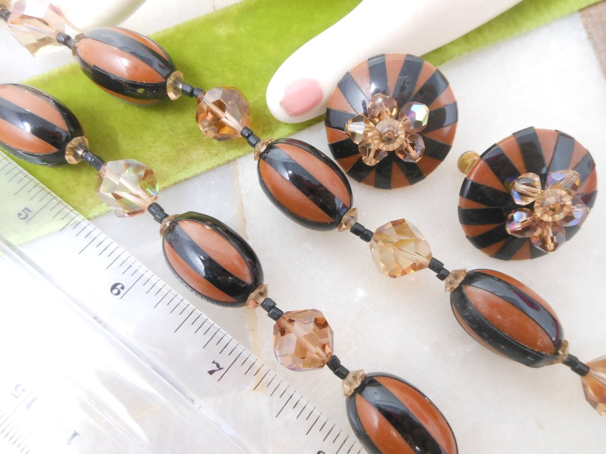 Vintage VENDOME Bead Necklace Earrings Set Crystal Plastic Jewelry Pin Up Designer Mid Century Demi Parure Jewelry Gift, VivianJoel.com