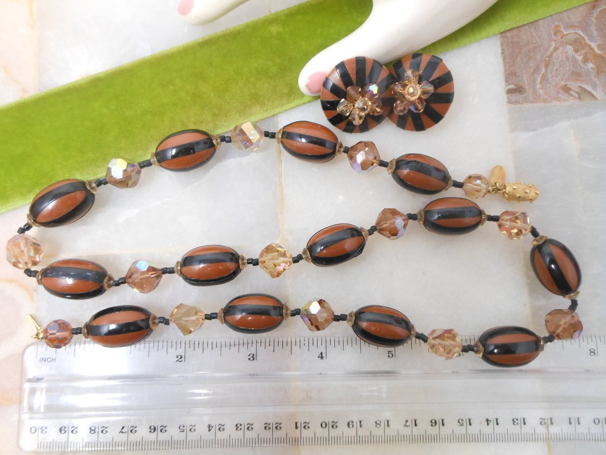 Vintage VENDOME Bead Necklace Earrings Set Crystal Plastic Jewelry Pin Up Designer Mid Century Demi Parure Jewelry Gift, VivianJoel.com