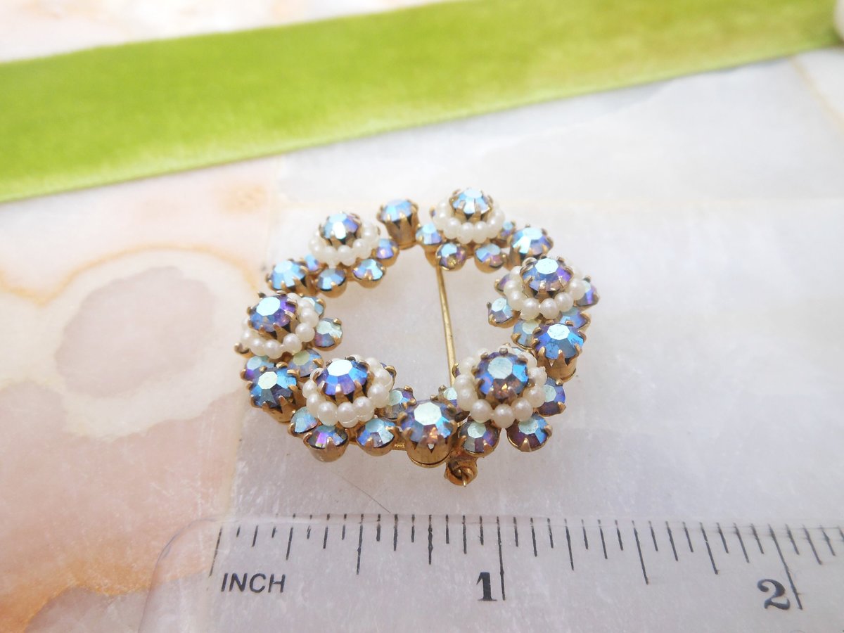 Vintage Blue Rhinestone Brooch Flower Wreath Pin Aurora Borealis Circle Ornate Mid Century Jewelry Gift, VivianJoel.com