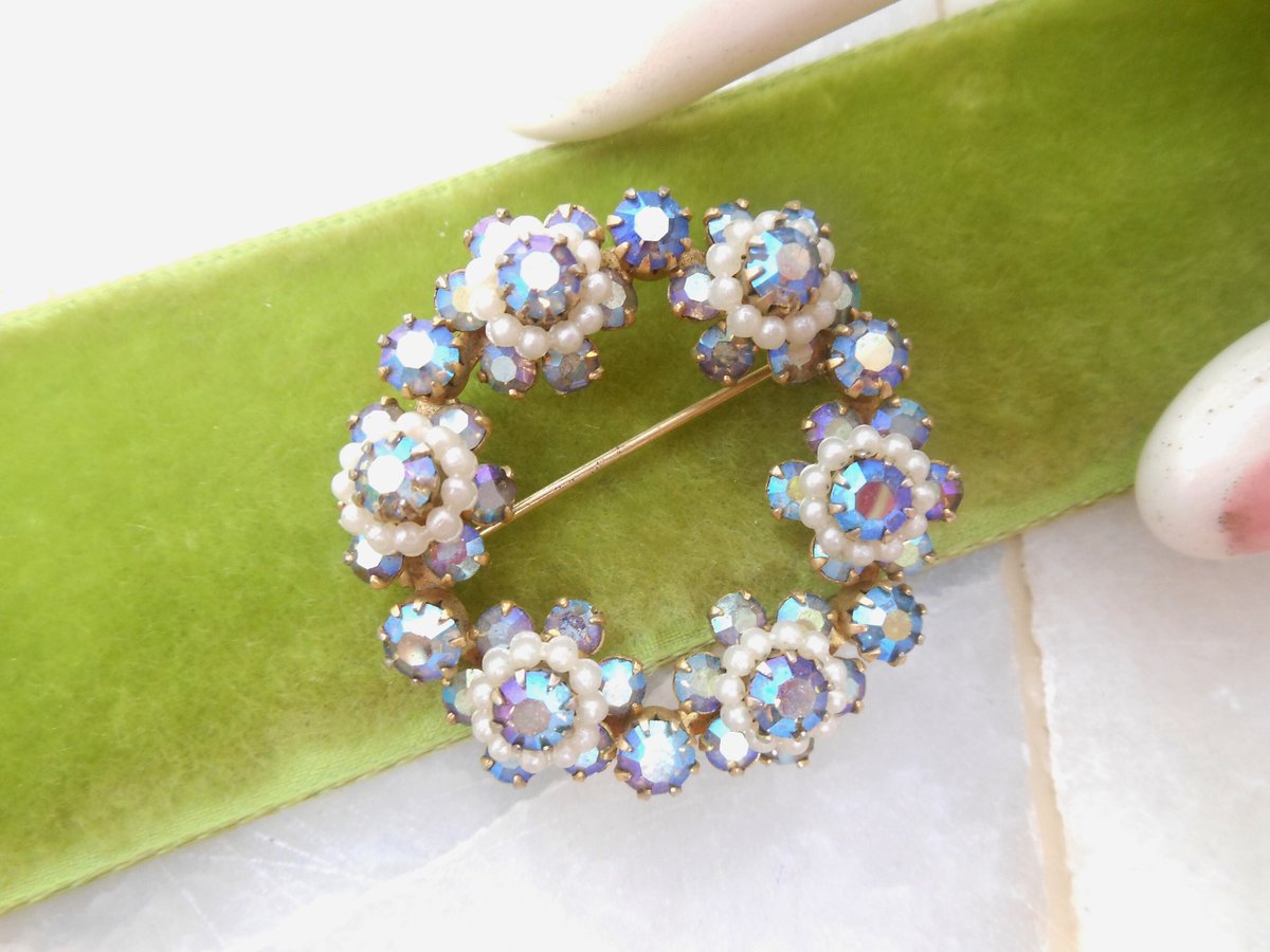 Vintage Blue Rhinestone Brooch Flower Wreath Pin Aurora Borealis Circle Ornate Mid Century Jewelry Gift, VivianJoel.com
