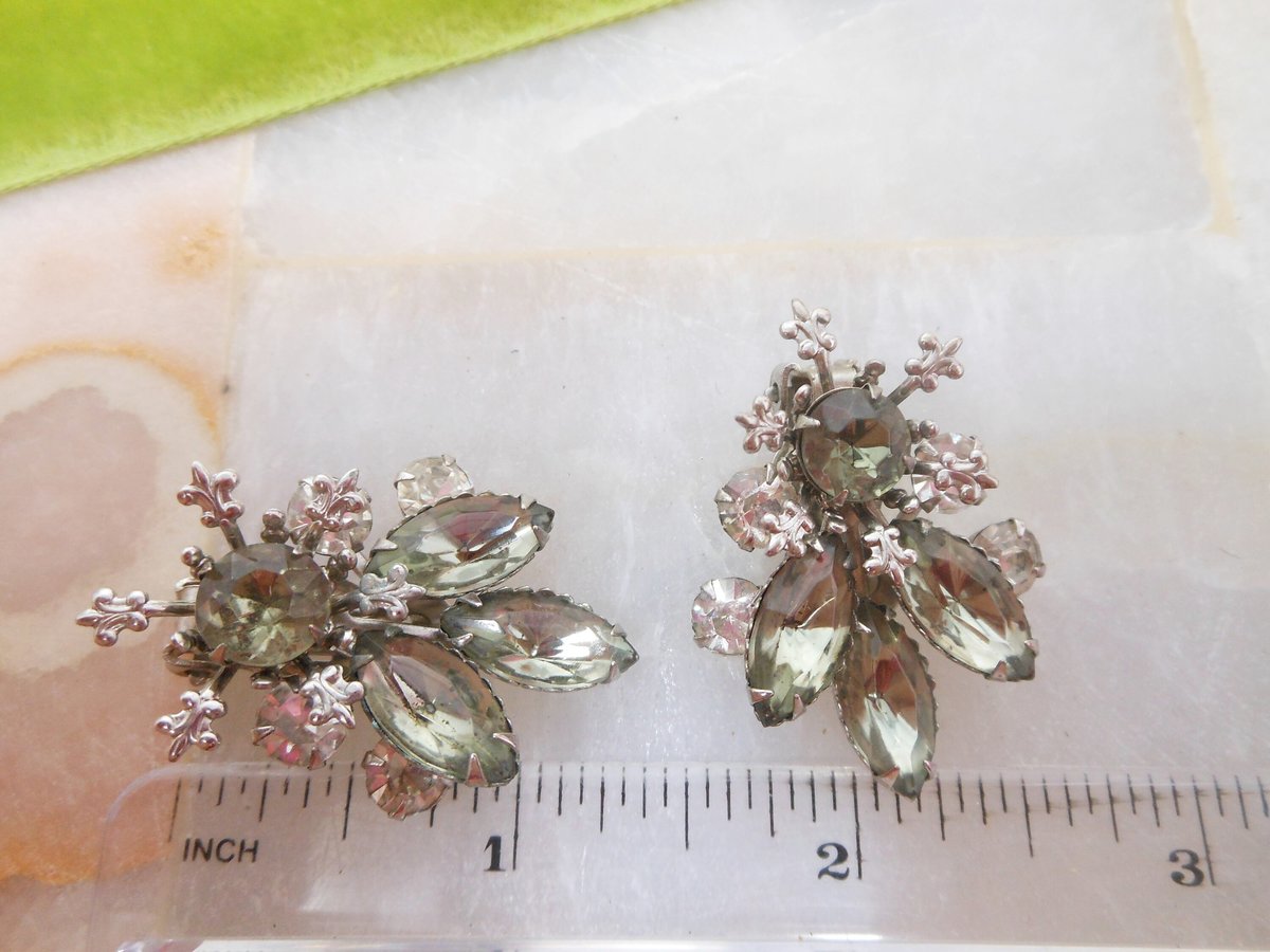 Vintage Ear Climber Earrings Rhinestone Clip On Smoky Gray Fleur De Lis Regency Revival Glam Jewelry Mid Century Gift, VivianJoel.com