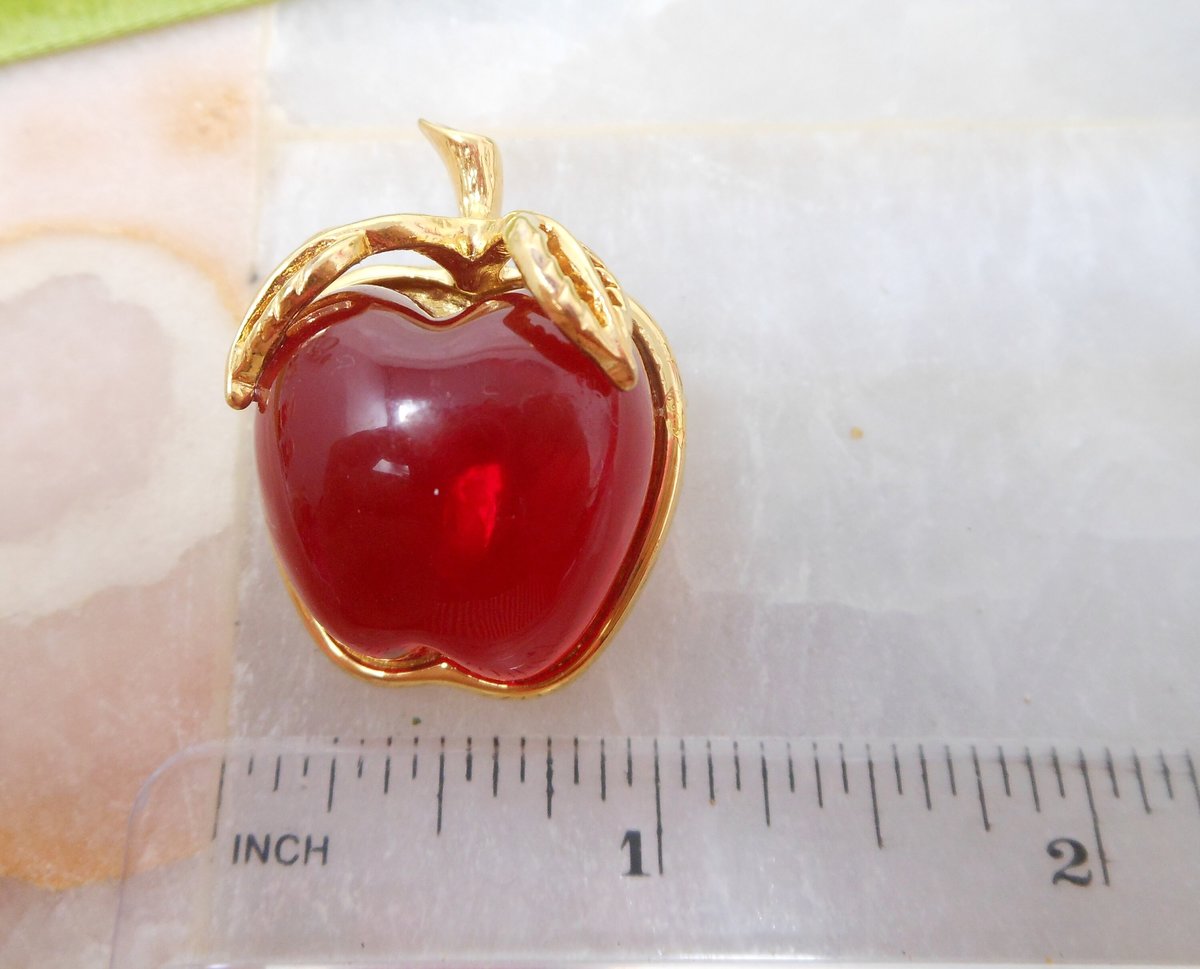 Vintage ANNE KLEIN Apple Brooch Fruit Red Jelly Belly Pin Gold Plate Designer Rockabilly Mid Century Jewelry Gift, VivianJoel.com