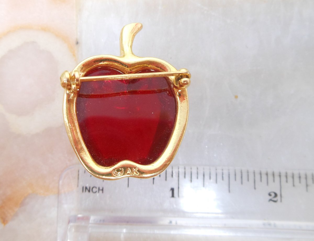 Vintage ANNE KLEIN Apple Brooch Fruit Red Jelly Belly Pin Gold Plate Designer Rockabilly Mid Century Jewelry Gift, VivianJoel.com