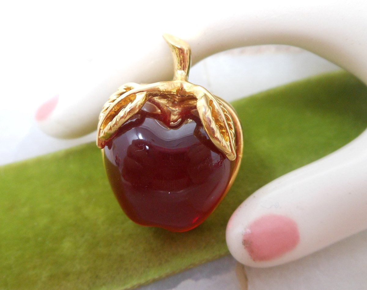 Vintage ANNE KLEIN Apple Brooch Fruit Red Jelly Belly Pin Gold Plate Designer Rockabilly Mid Century Jewelry Gift, VivianJoel.com
