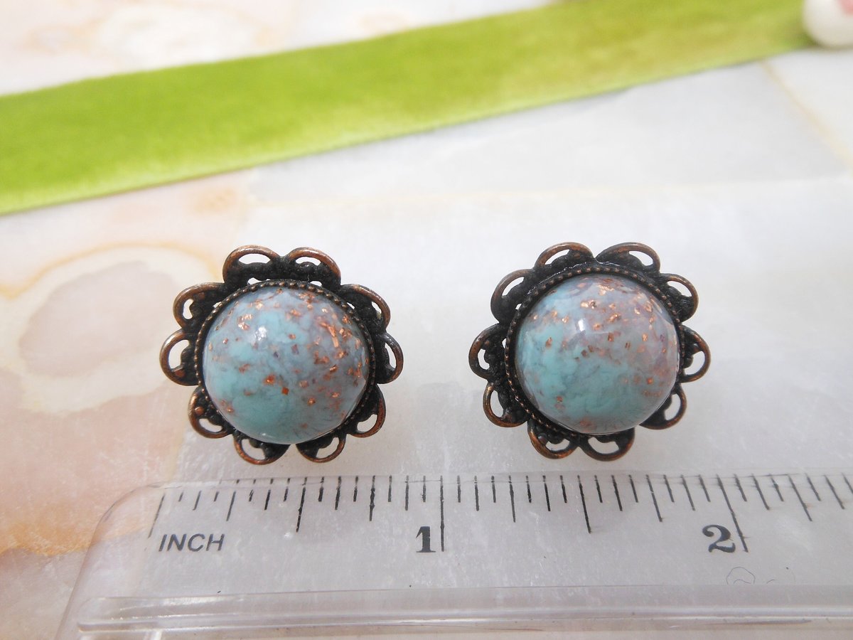 Vintage Aqua Art Glass Earrings Copper Glitter Fluss Venetian Murano Bead Screw Back Jewelry Gift Mid Century, VivianJoel.com