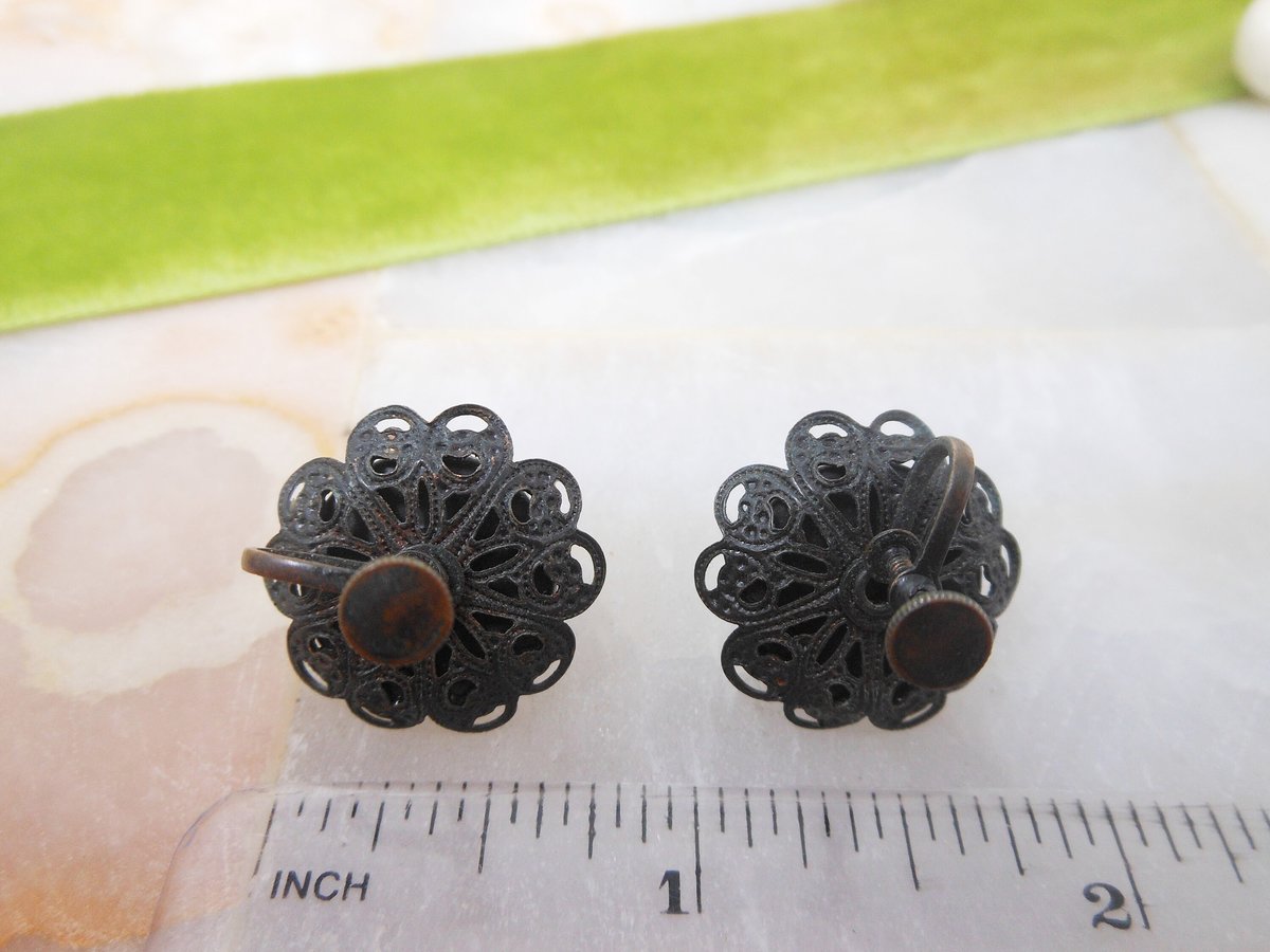 Vintage Aqua Art Glass Earrings Copper Glitter Fluss Venetian Murano Bead Screw Back Jewelry Gift Mid Century, VivianJoel.com