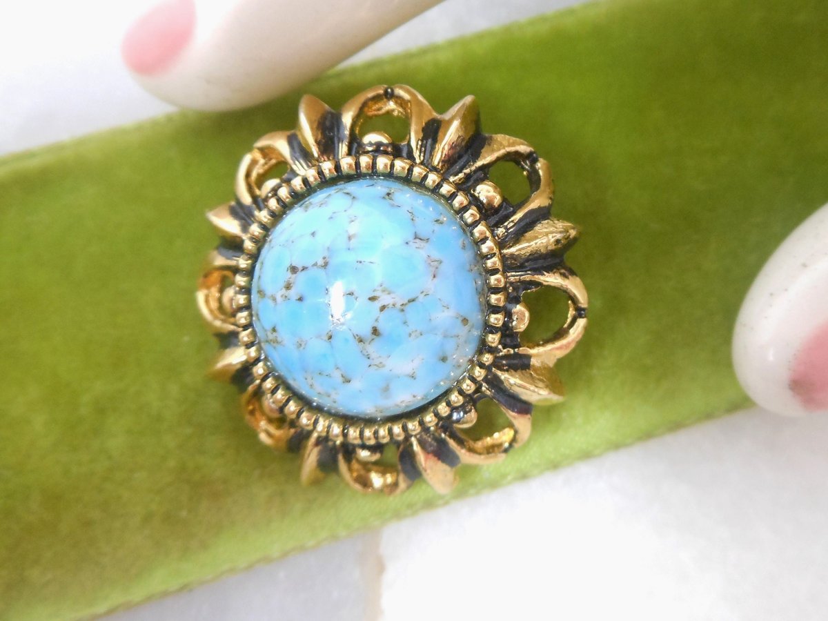 Vintage Peking Art Glass Brooch Blue Flower Pin Ornate Victorian Regency Revival Mid Century Jewelry Gift, VivianJoel.com