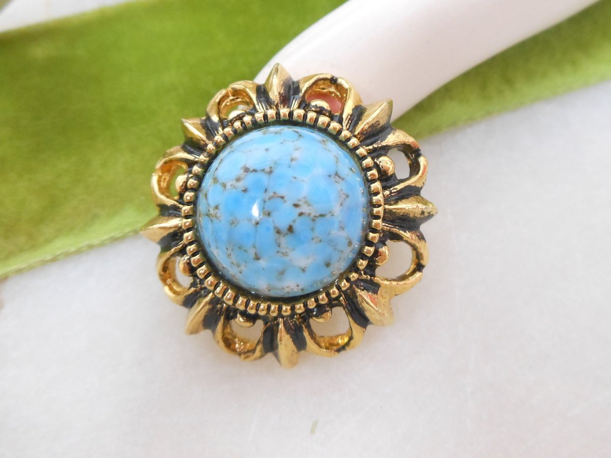 Vintage Peking Art Glass Brooch Blue Flower Pin Ornate Victorian Regency Revival Mid Century Jewelry Gift, VivianJoel.com
