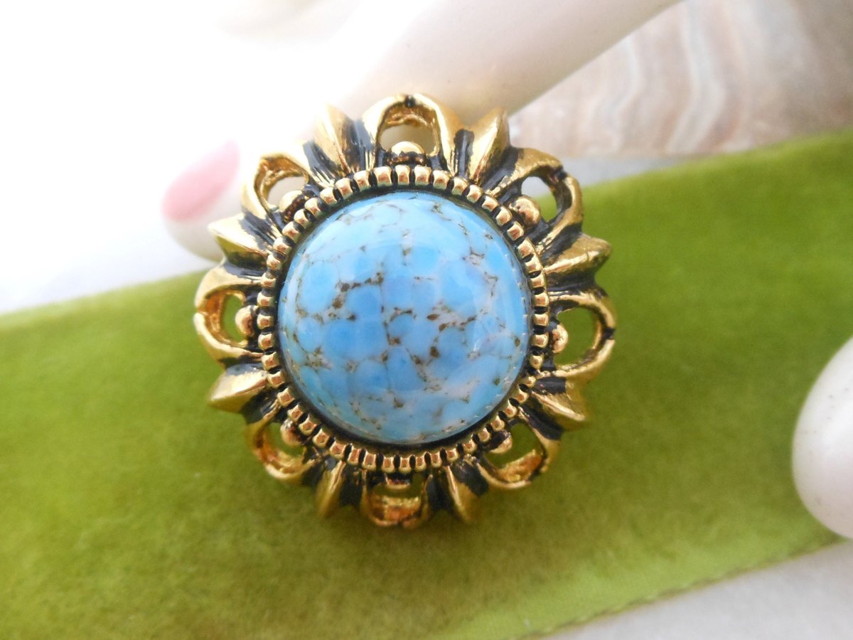 Vintage Peking Art Glass Brooch Blue Flower Pin Ornate Victorian Regency Revival Mid Century Jewelry Gift, VivianJoel.com