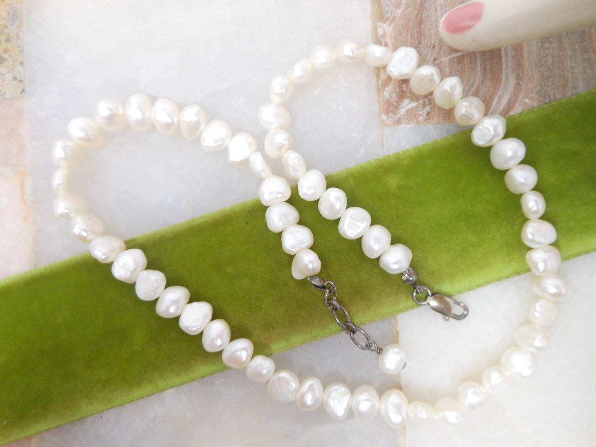 Vintage Natural Pearl Necklace Bead Sterling Silver 925 Clasp 17" White Winter Wedding Jewelry Gift, VivianJoel.com