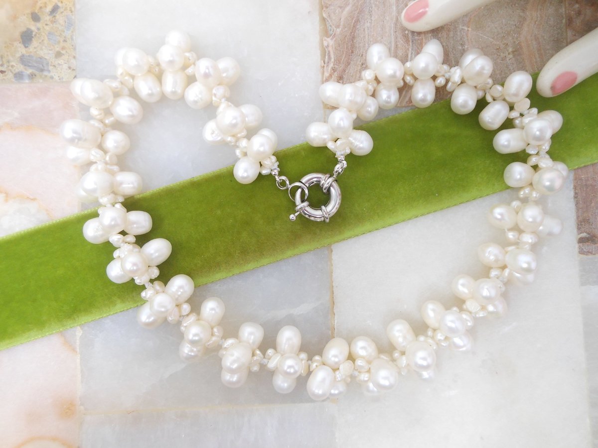 Vintage Baroque Pearl Necklace Bead Woven Cluster Beach Winter White Wedding Toggle Clasp Jewelry Gift, VivianJoel.com