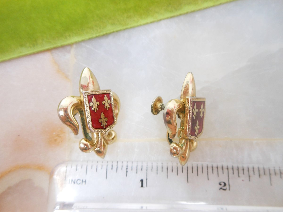 Vintage Heraldic Shield Earrings Red Enamel Fleur De Lis Screw Back Regency Revival Mid Century Jewelry Gift, VivianJoel.com