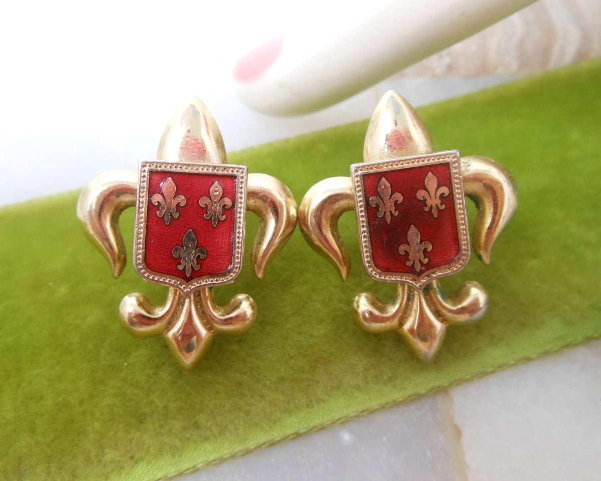 Vintage Heraldic Shield Earrings Red Enamel Fleur De Lis Screw Back Regency Revival Mid Century Jewelry Gift, VivianJoel.com