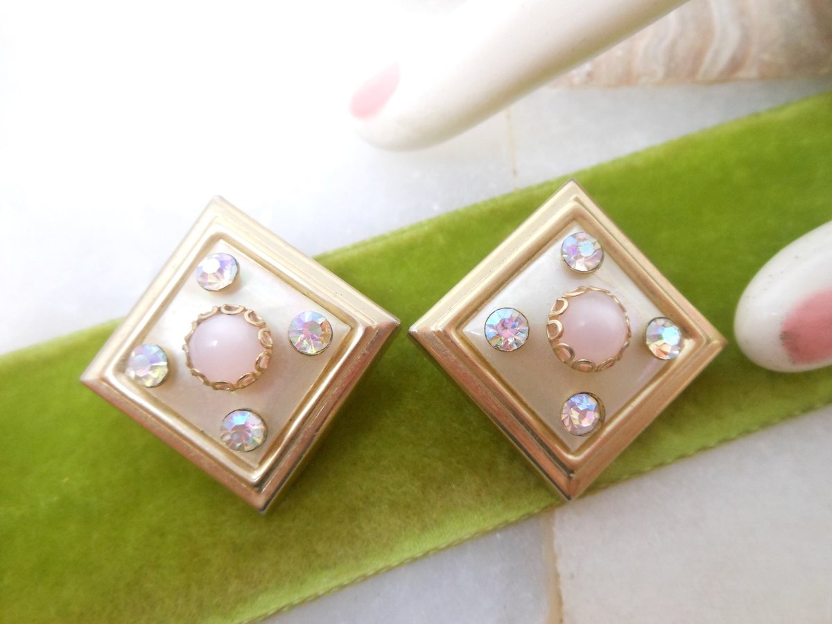 Vintage Pink Pearly Earrings Rhinestone Glam Clip On Moonglow Aurora Borealis Chunky Jewelry Mid Century Gift, VivianJoel.com