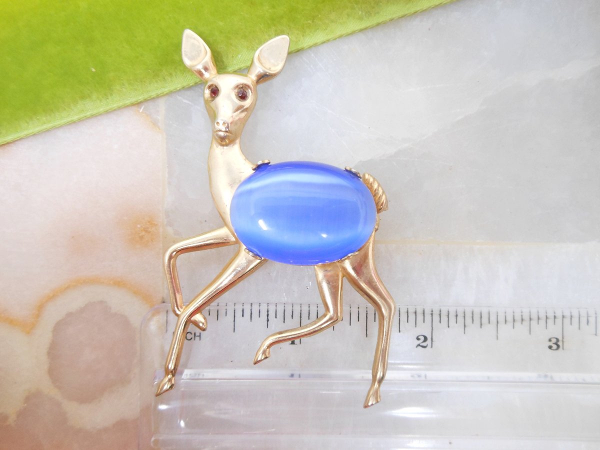 Vintage Reindeer Deer Jelly Belly Pin Brooch Rhinestone Stamped Brass Figural Christmas Winter Jewelry Gift Mid Century, VivianJoel.com