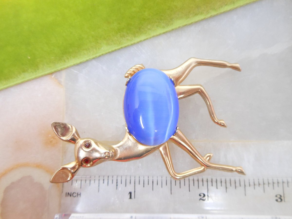 Vintage Reindeer Deer Jelly Belly Pin Brooch Rhinestone Stamped Brass Figural Christmas Winter Jewelry Gift Mid Century, VivianJoel.com