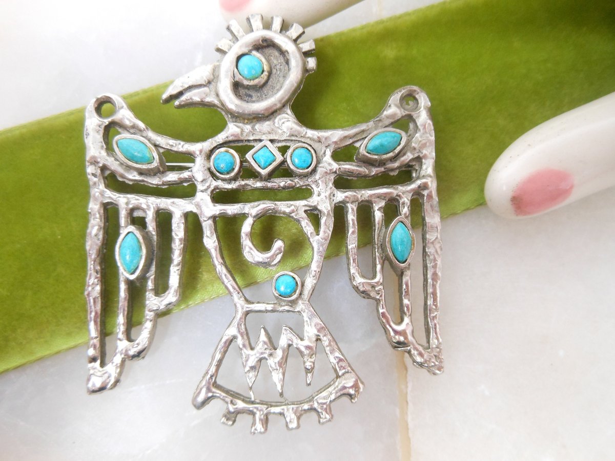 Vintage ST LABRE Thunderbird Brooch Phoenix Pin Pendant Faux Turquoise Southwest Designer Jewelry Gift Mid Century, VivianJoel.com