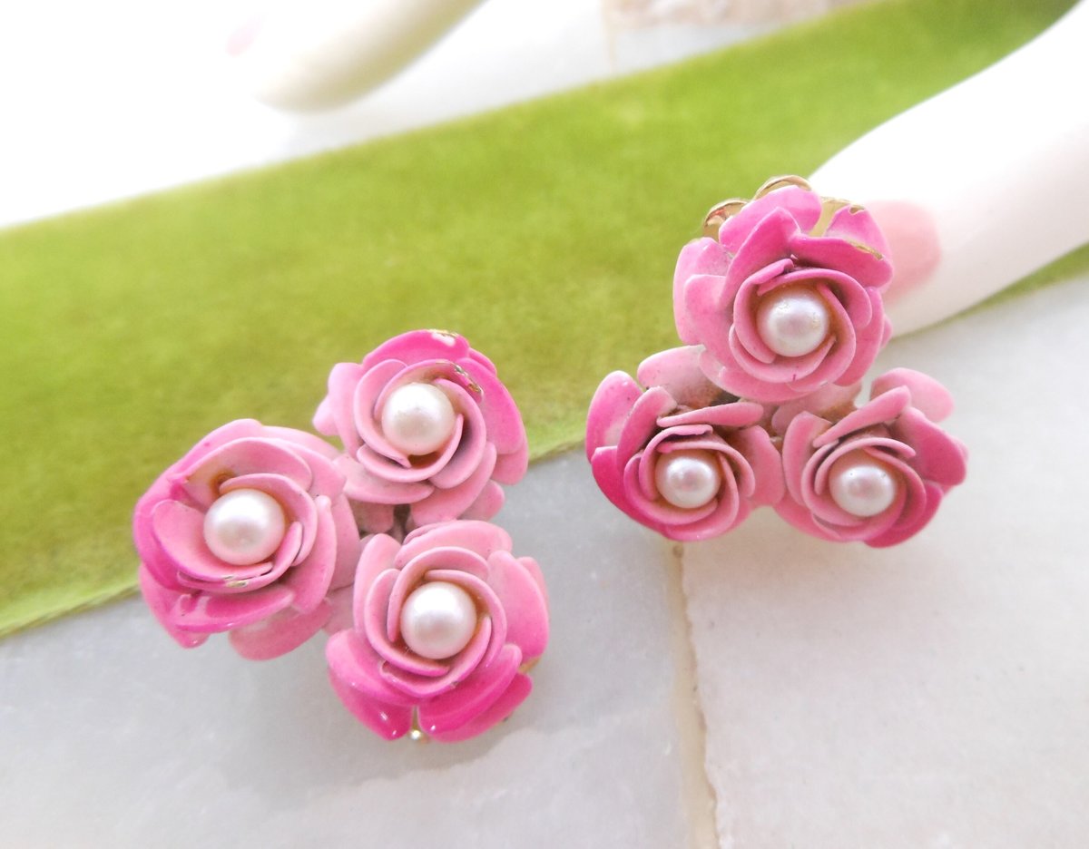 Vintage CORO Pink Flower Cluster Earrings Pearl Enamel Clip On Designer Mid Century Jewelry Gift, VivianJoel.com