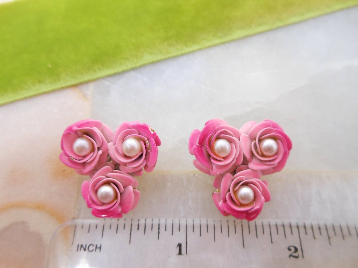 Vintage CORO Pink Flower Cluster Earrings Pearl Enamel Clip On Designer Mid Century Jewelry Gift, VivianJoel.com