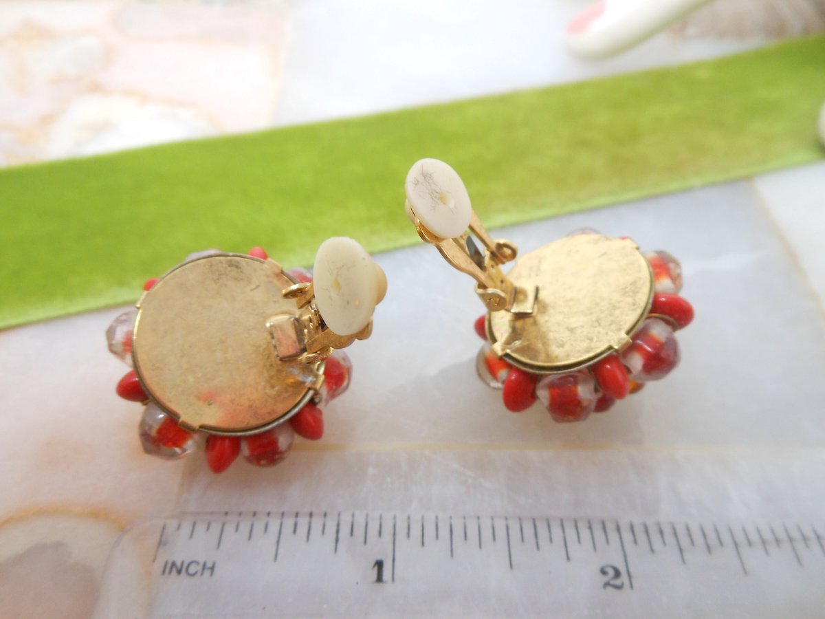 Vintage Red Earrings Art Glass Ornate Clip On Chunky Bead Cluster Jewelry Gift Mid Century, VivianJoel.com