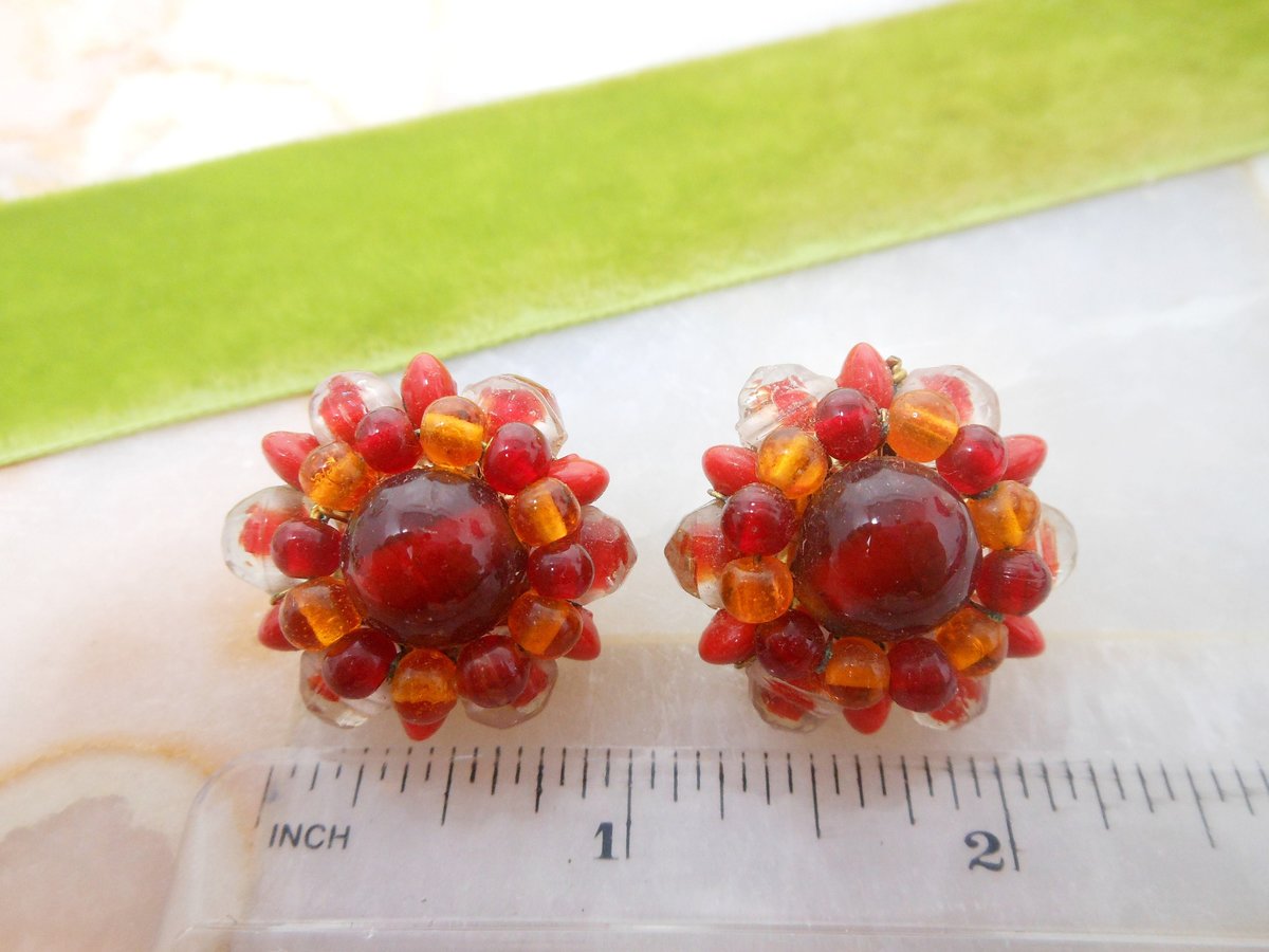 Vintage Red Earrings Art Glass Ornate Clip On Chunky Bead Cluster Jewelry Gift Mid Century, VivianJoel.com