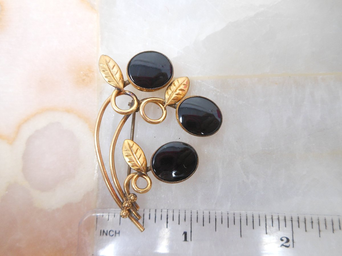 Vintage AMCO Gold Fill Pin Onyx Designer Brooch Flower GF Mourning Victorian Revival Mid Century Jewelry Gift, VivianJoel.com