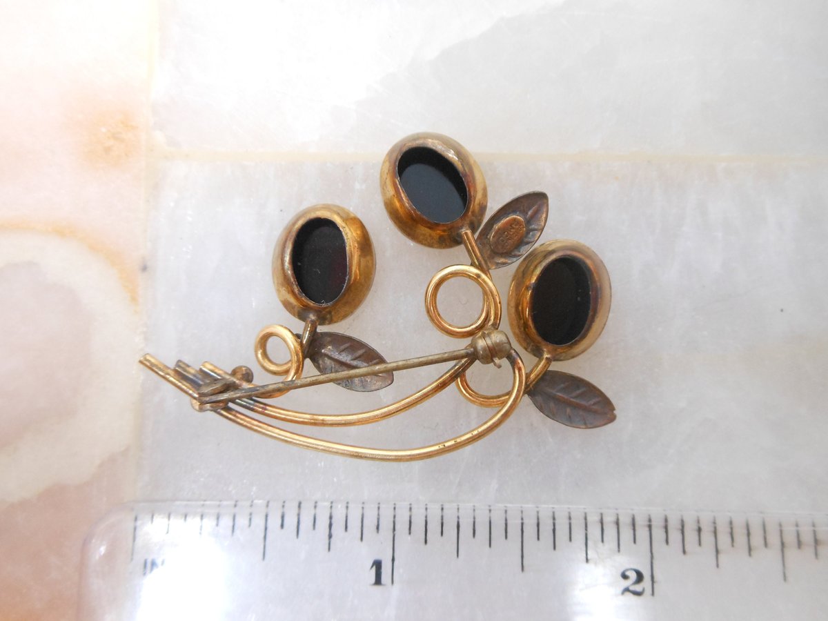 Vintage AMCO Gold Fill Pin Onyx Designer Brooch Flower GF Mourning Victorian Revival Mid Century Jewelry Gift, VivianJoel.com
