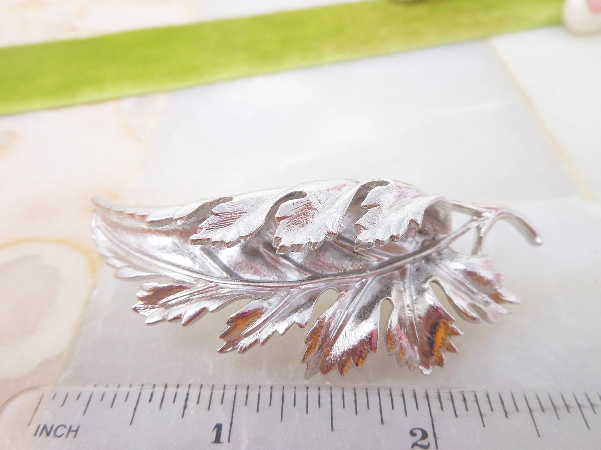 Vintage CORO Brooch Big Ruffled Leaf Pin Silver Plate Figural Designer Mid Century Jewelry Gift, VivianJoel.com