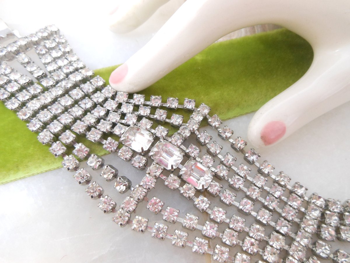 Vintage Rhinestone Bracelet Statement Wide Ice Clear Crystal Huge Hollywood Wedding Glam Century Jewelry, VivianJoel.com