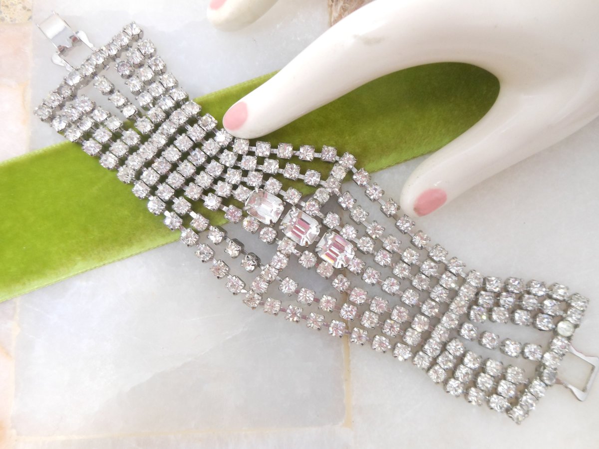 Vintage Rhinestone Bracelet Statement Wide Ice Clear Crystal Huge Hollywood Wedding Glam Century Jewelry, VivianJoel.com