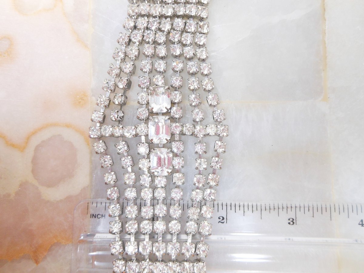 Vintage Rhinestone Bracelet Statement Wide Ice Clear Crystal Huge Hollywood Wedding Glam Century Jewelry, VivianJoel.com