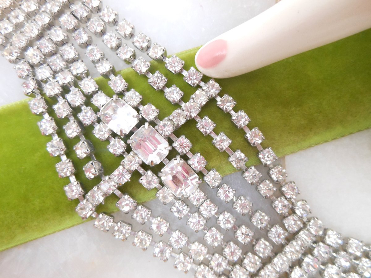 Vintage Rhinestone Bracelet Statement Wide Ice Clear Crystal Huge Hollywood Wedding Glam Century Jewelry, VivianJoel.com