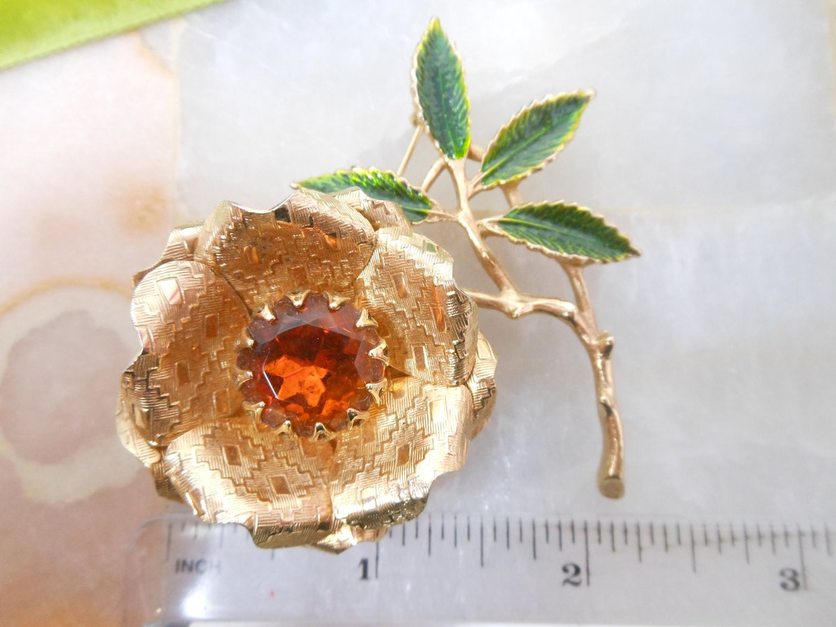 Vintage SARAH COVENTRY Brooch Ember Flower Rhinestone Pin Chunky Topaz Crystal Enamel Designer rMid Century Jewelry Gift, VivianJoel.com